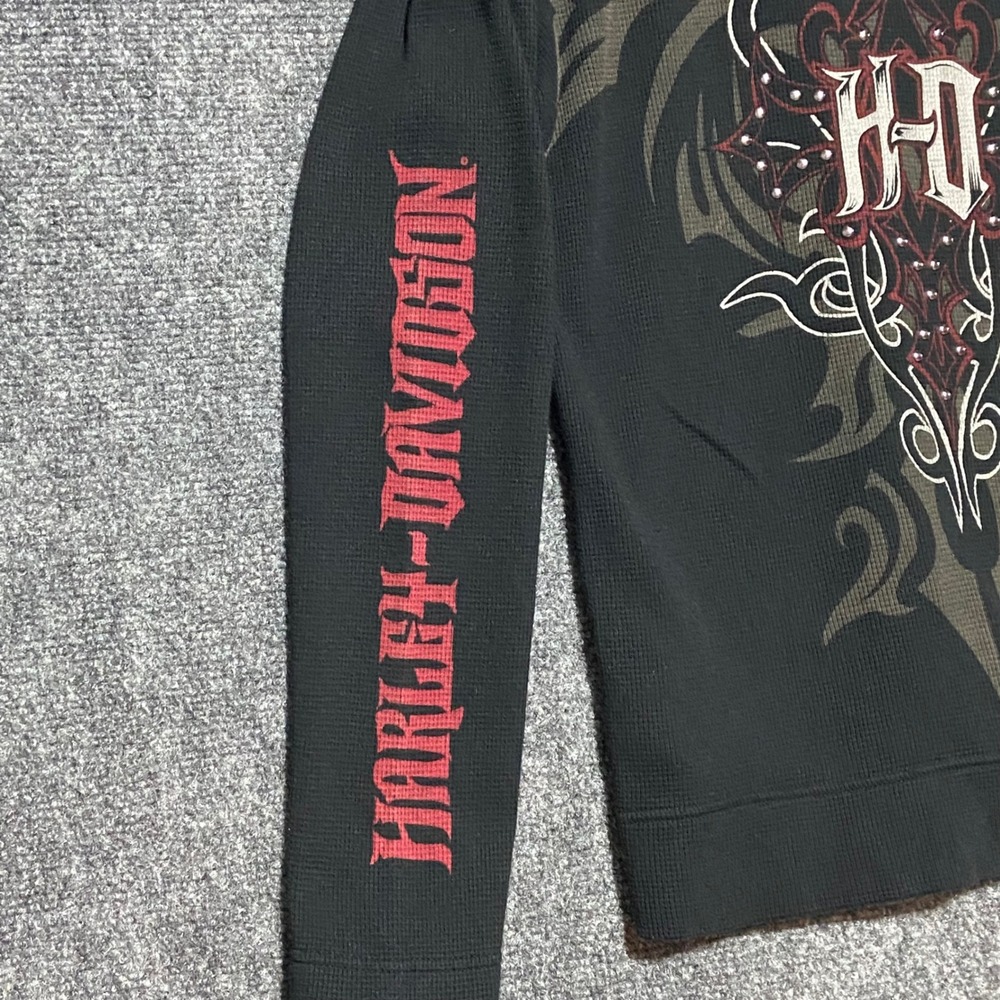 2009 Harley Davidson Women's L Black Graphic Hoodie Rivets Thermal LS Henley - Picture 4 of 13